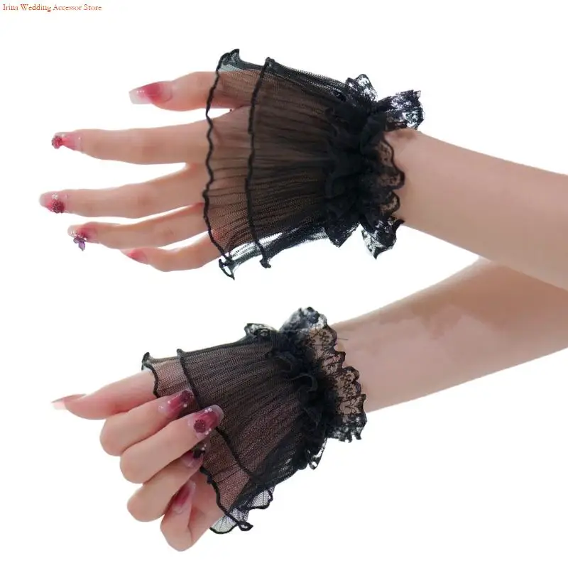 

G92D Sheer Nails Art Arm Covers Breathable Lace Photography Prop Pleated Embellished
