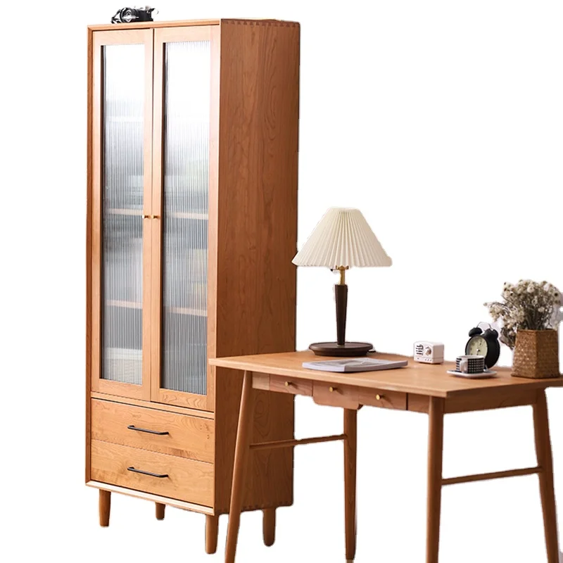 

-ForNordic Wood Bookcase with Door Glass Bookcase Floor-to-ceiling Storage Cabinet Cherry Japanese Log Simple Shoe Cabinet&