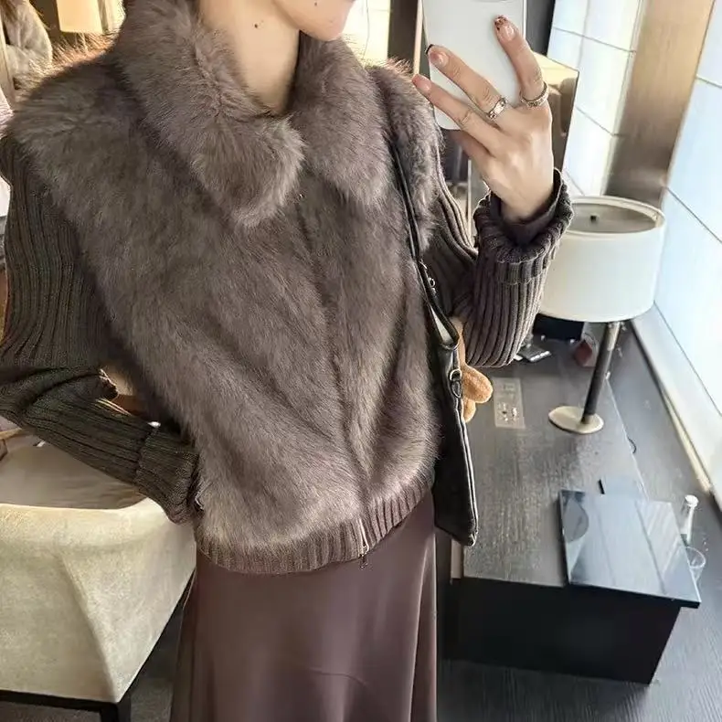 Women's Faux Fox Fur Vest Knit Spliced Fur Coat Winter Warm Thickened Cropped Zipper Casual Korean Style Sweater Patch Outerwear