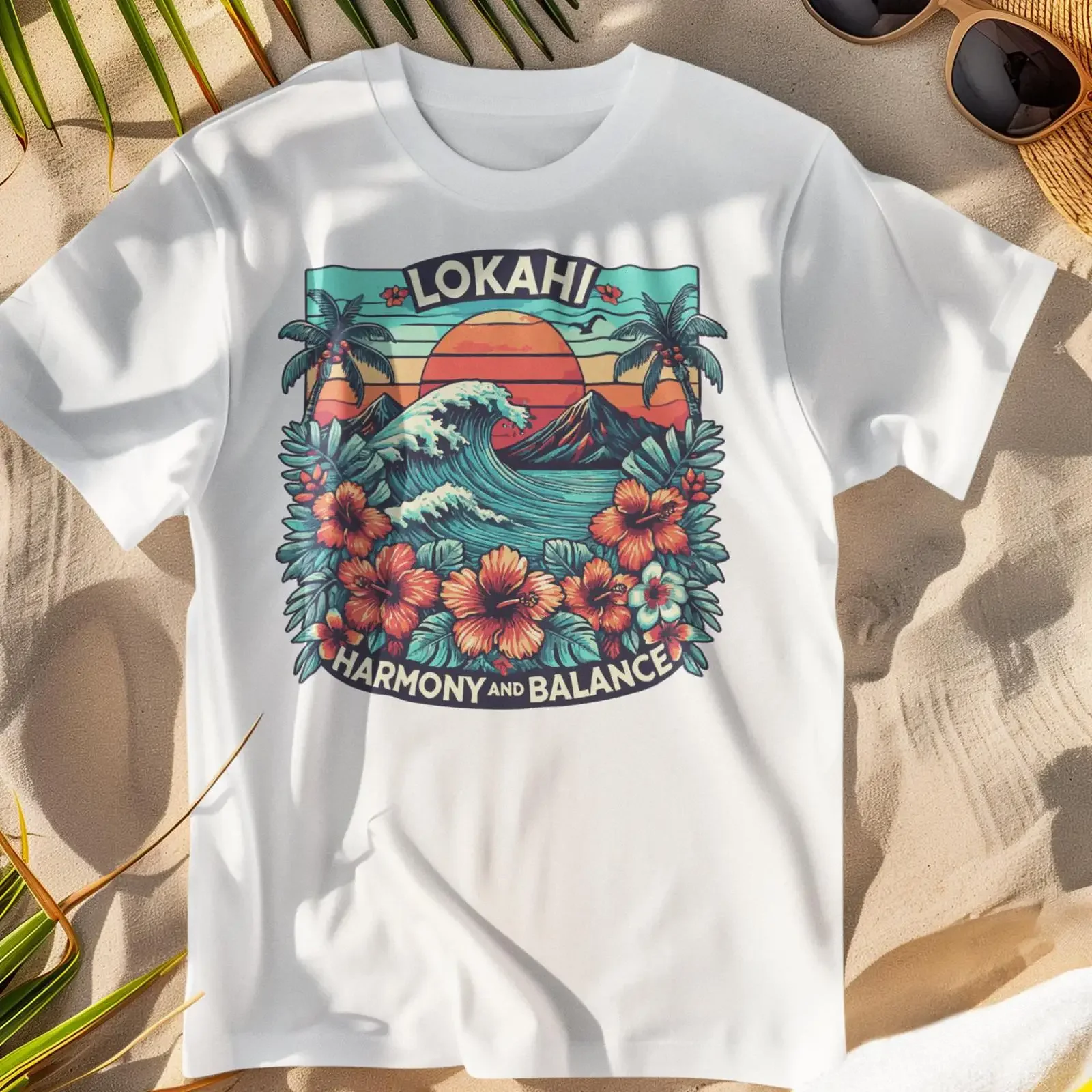 Lokahi Hawaii Harmony Balance T Shirt Tropical Hibiscus Ocean Sunset Wave Bella Canvas Summer Hawaiian Beach  vintage Washed