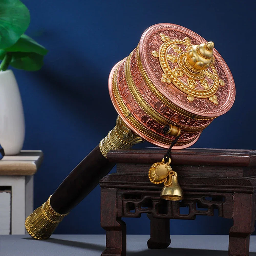 Hand cranked prayer wheel, Brass Six-Character Mantra ornament, Avalokiteshvara, Green Tara Heart Mantra Rotating Scripture Tube view 3