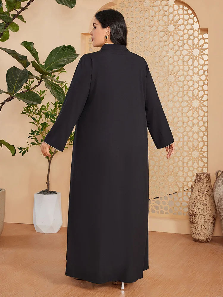 Muslim Arab Female Loose Casual Retro Ethnic Printing Black V-Neck Full Sleeve Clothing Abaya Women Dubai Long Dress Plus Size