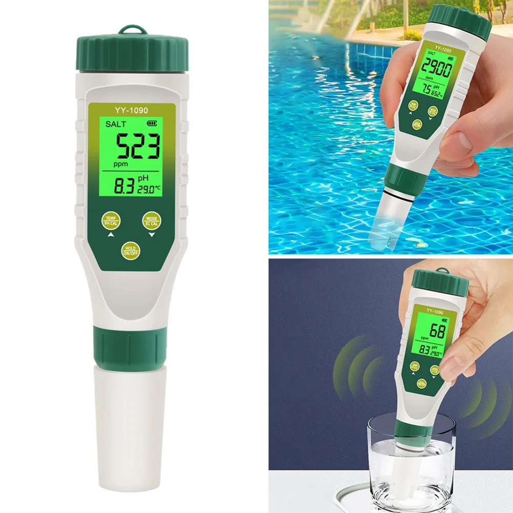 5-in-1 Water Test Pen, PH/TDS/SALT/EC/TEMP High Precision Probe Pool PH Diet Tester for Koi Ponds, Fish Tanks, Food Salinity