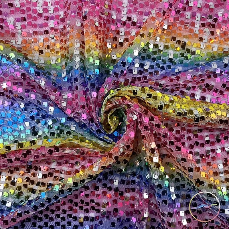 Glitzy Embroidery Rainbow Printed Sequin Stretch Mesh Ground  For Clothsing Making Party Events And Dancewear Fabric