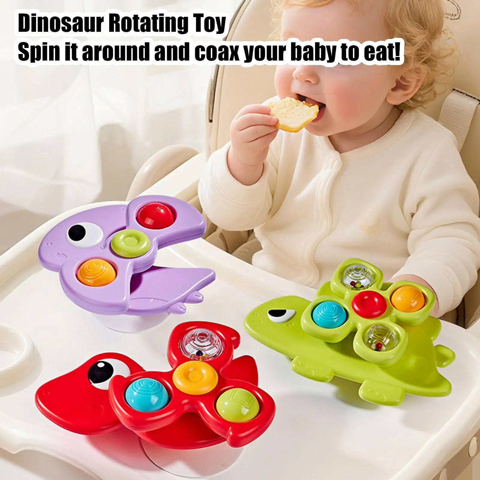 Suction Cup Spinner Toy Set 3PCS Baby Sensory Dinosaur Fidget for High Chair Window Teething Fine Motor Skill Development Gift
