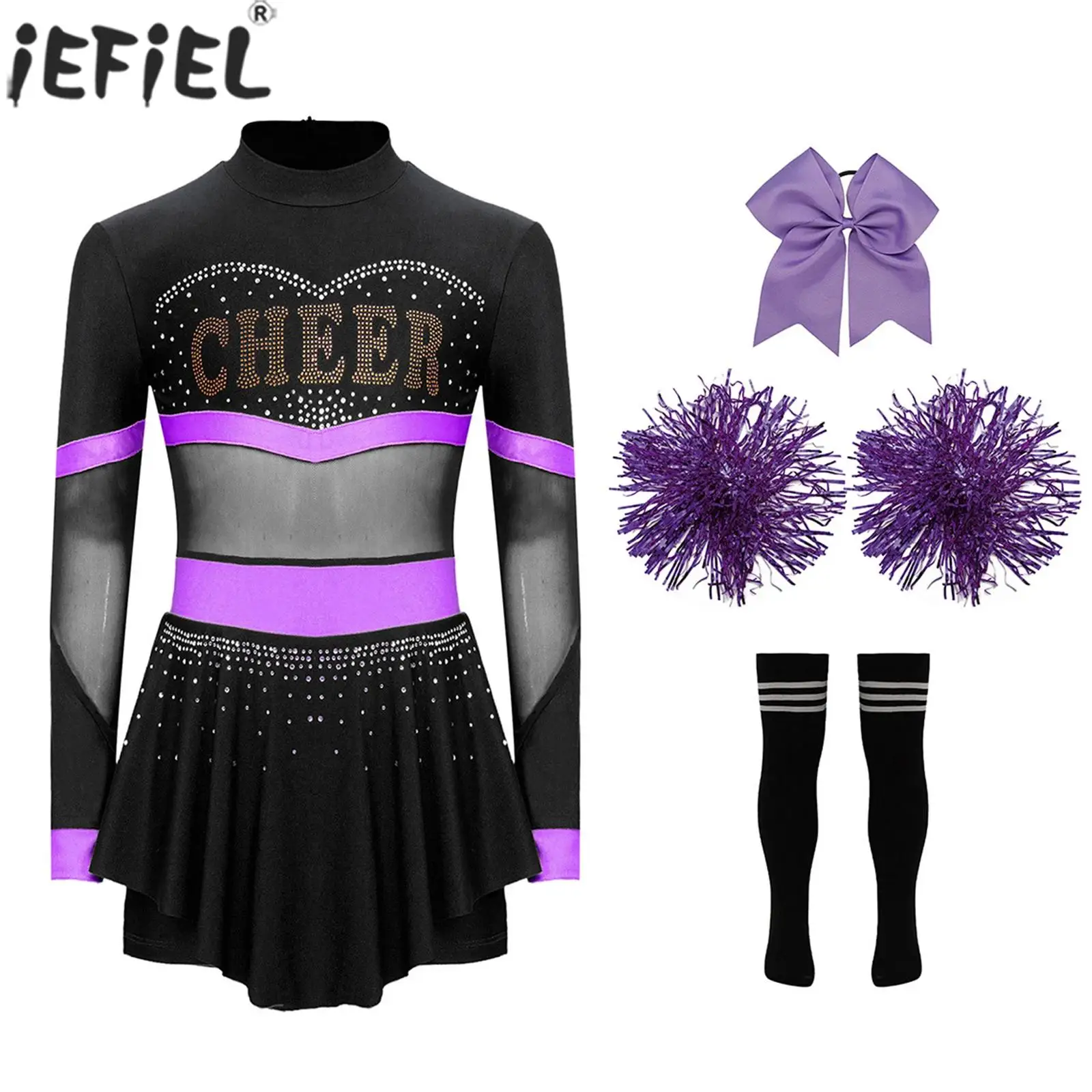 

Children Girls Cheerleading Uniform Leotard Dress with Hand Flower Hair Tie Socks for Sports Meeting Halloween Carnival Party