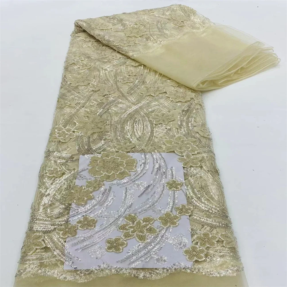 

2023 Latest Nigerian Lace Fabric With Beaded Sequins High Quality Tulle African Lace Fabric Wedding African French Tulle FJ2757