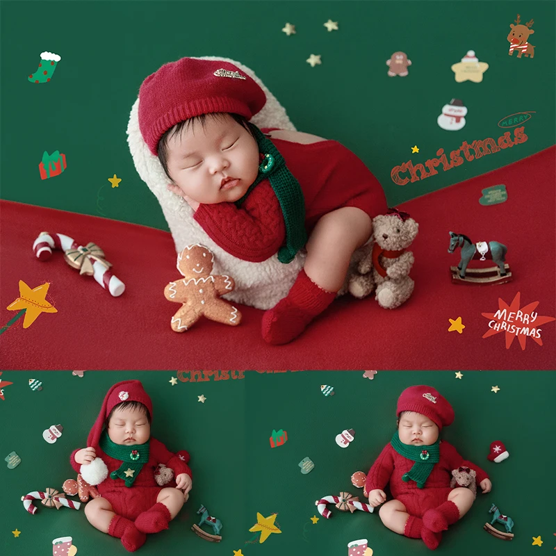جديد عيد الميلاد الوليد التصوير الزي الطفل الدافئة الأحمر محبوك رومبير + قبعة/بوم بوم بوم + وشاح أخضر احتفالي حفلة أزياء الطفل