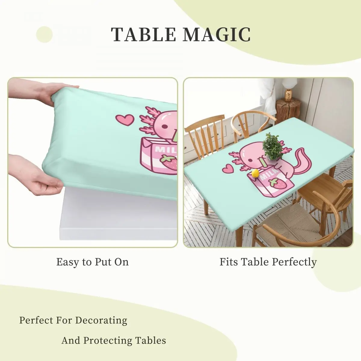 

Cute Axolotl Loves Strawberry Milk Doodle Custom Rectangular Tablecloth Waterproof Table Cover for Dining Events Table Cloth