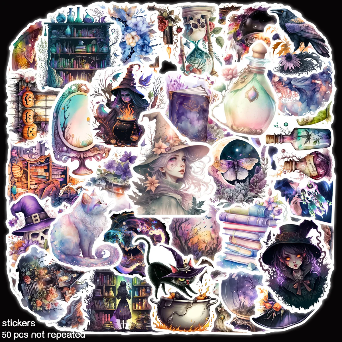 50 Stücke Halloween Gothic Hexe Graffiti Aufkleber Wasserflasche Laptop Telefon Fahrrad Gepäck Fall Skateboard Kinder Erwachsene Aufkleber
