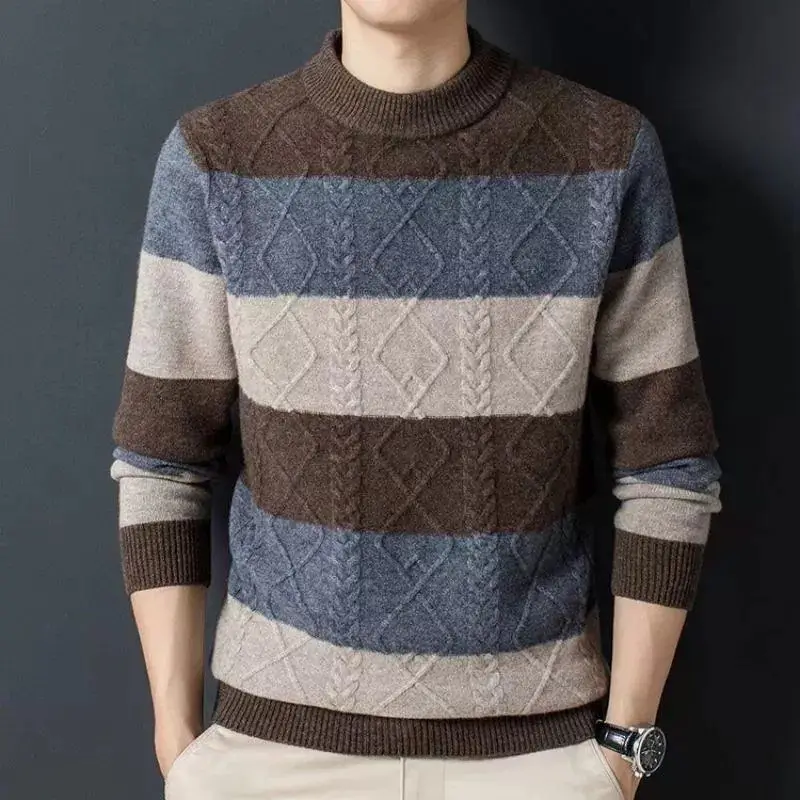 Autumn Winter New Men Sweater Pullovers O-Neck Patchwork Striped Contrast Color Fashion Thicken Warm Long Sleeve Knitted Top