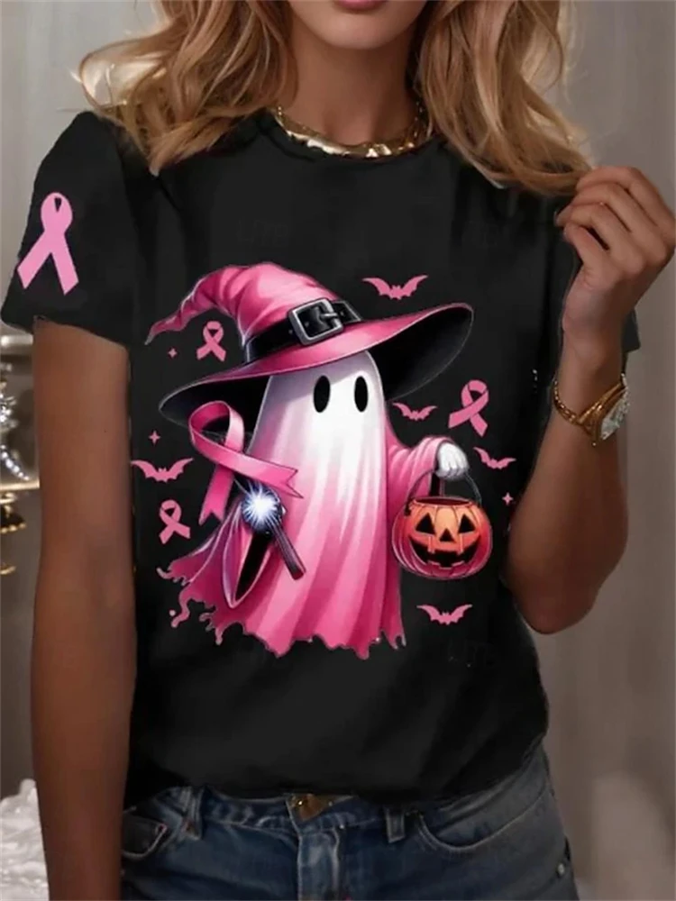 2025 Halloween Ghost Pumpkin Women's Crew Neck T-Shirt Stylish Outdoor Oversized Short-Sleeve Top Casual Party T-Shirt