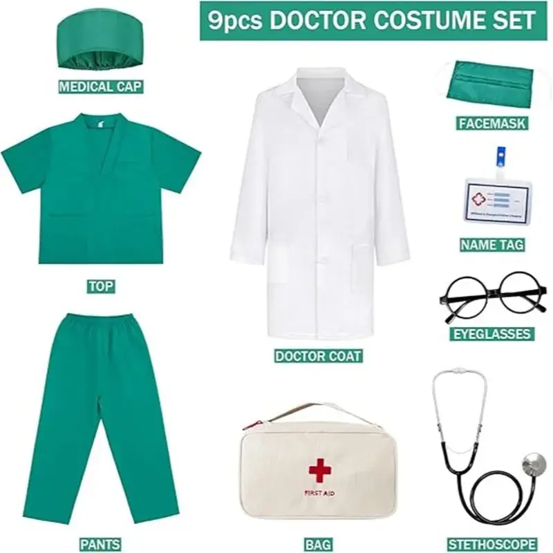 Crianças topo + calças + casaco + acessórios 9 pçs ternos com estetoscópio real para crianças esfrega traje de halloween meninas meninos médico vestir-se