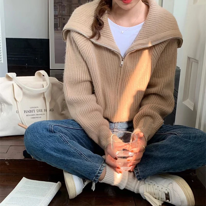 Damski sweter-płaszcz z dzianiny, luźny krój, duży kołnierz, zapinany na zamek, jesień-zima, nowy, styl koreański.