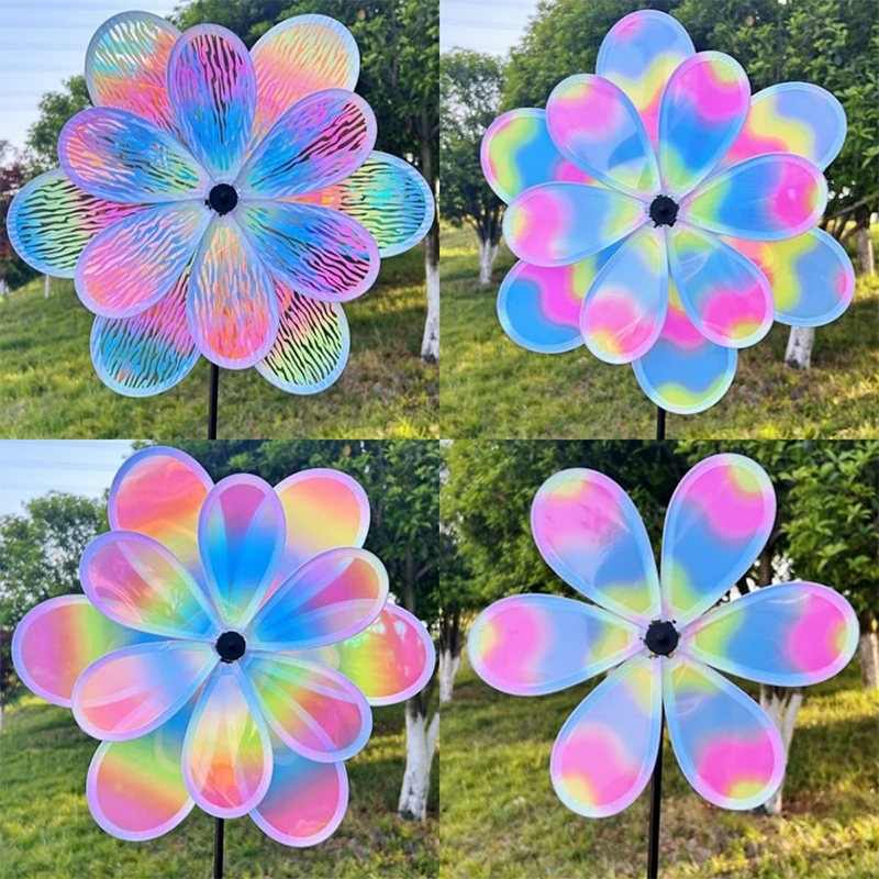 1-delig dubbellaags kleurenfilm kleur veranderende oogverblindende windmolen roterende windspinner staak staand gazon bloem pinwheel