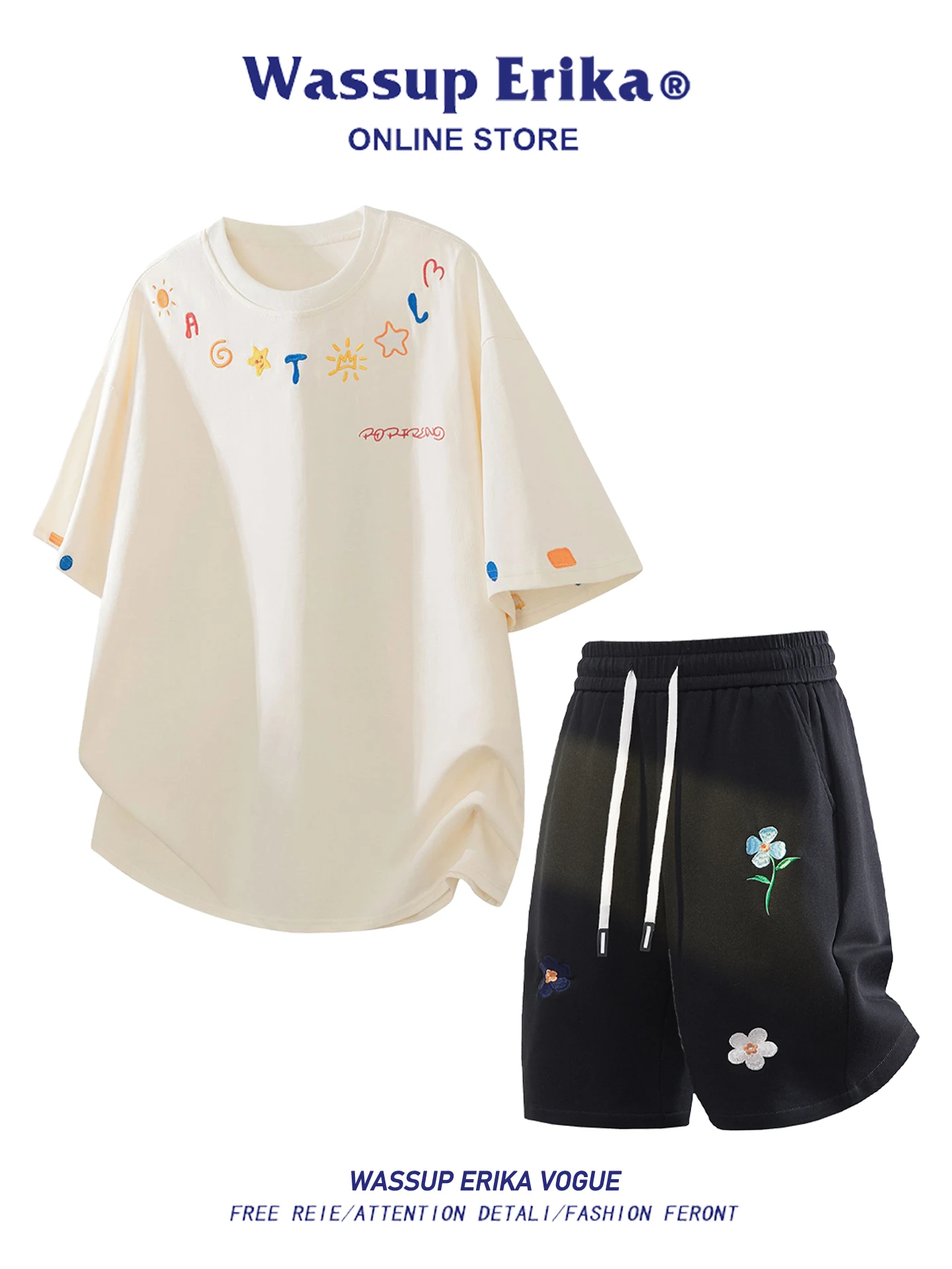 Conjunto de Camiseta de Manga Curta Fashionável Wassup Erika para Homens, Conjunto Completo Casual Esportivo de Verão, Combo de Shorts de Algodão para