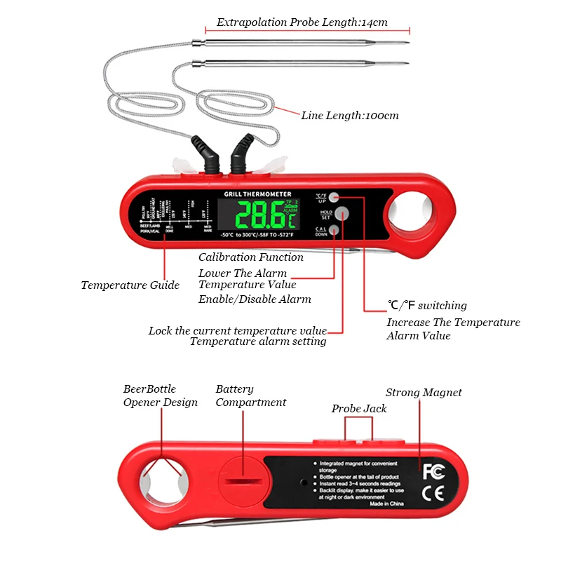 3 in 1 Digital Meat Thermometer Instant Read Food Thermometer with 2 Wired Probe LCD Backlight for Grilling Cooking BBQ Kitchen
