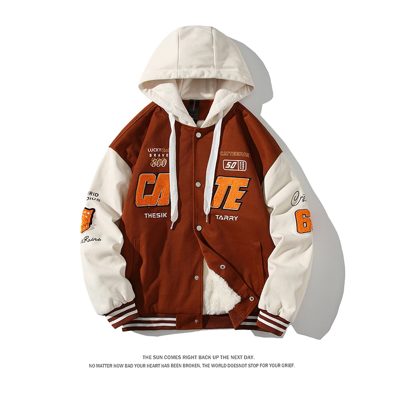 Autumn/Winter Retro Hooded Baseball Plush Jacket Men's Wool Jacket Letter Embroidered Casual Sports Thick Sheepskin Jacket