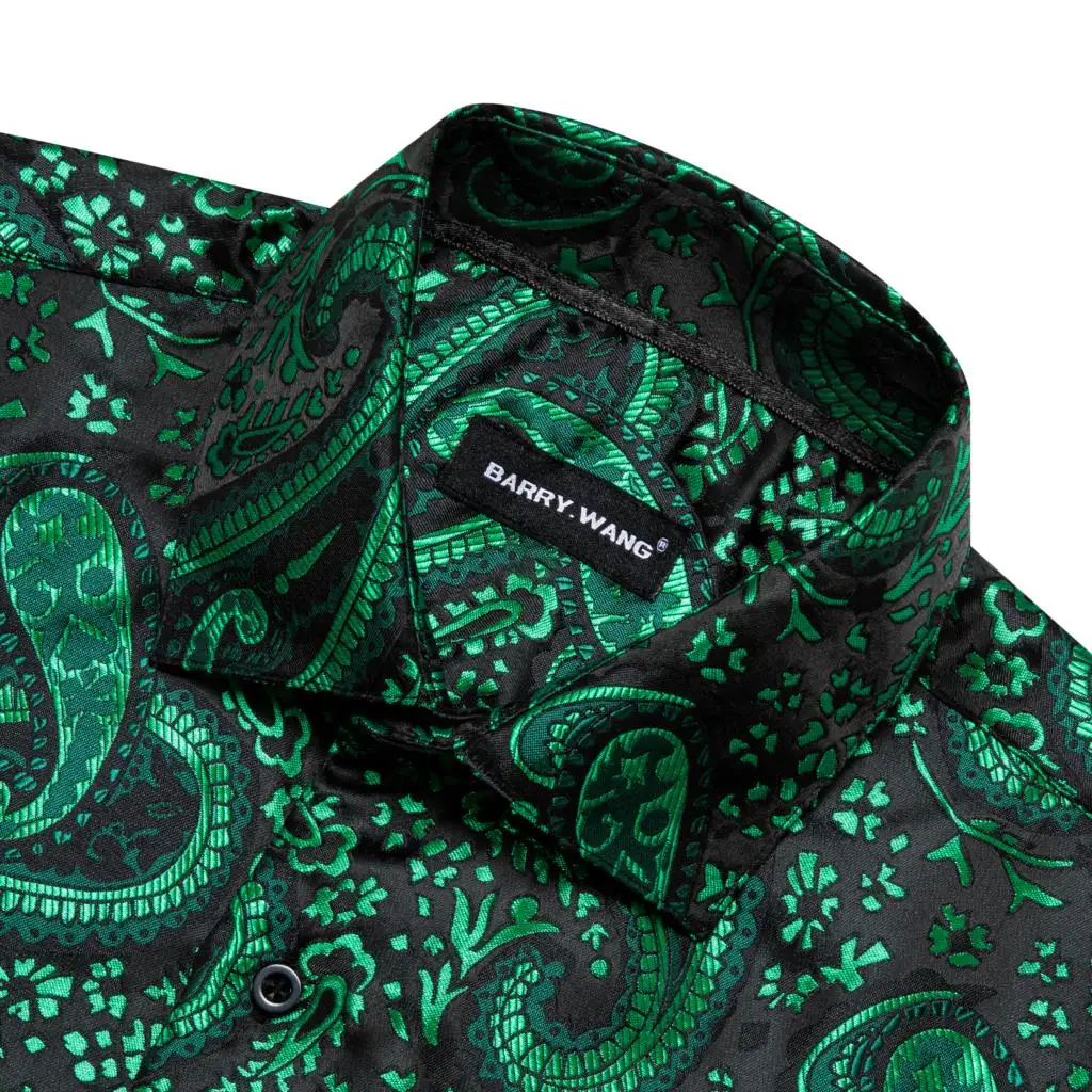 Designer Mens Shirts Silk Long Sleeve Green Black Paisley Embroidered Slim Fit Male Blouses Casual Breathable Tops Barry Wang