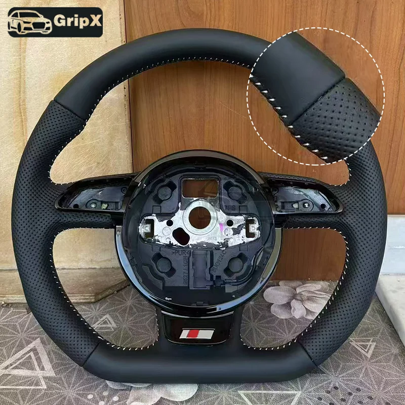 مناسبة لأودي A3 A4 A5 A6 A7 Q3 Q5 Q7 عجلة قيادة شبه مثقبة من الجلد بالكامل عجلة قيادة متحركة مسطحة القاع #1