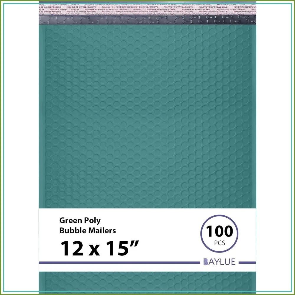 

100 Pack Green Bubble Mailers 12x15, Self Seal Padded Envelopes, No Tape Needed, Water-Resistant, Cushioned Protection for Shipping Clothing & Bulk Items