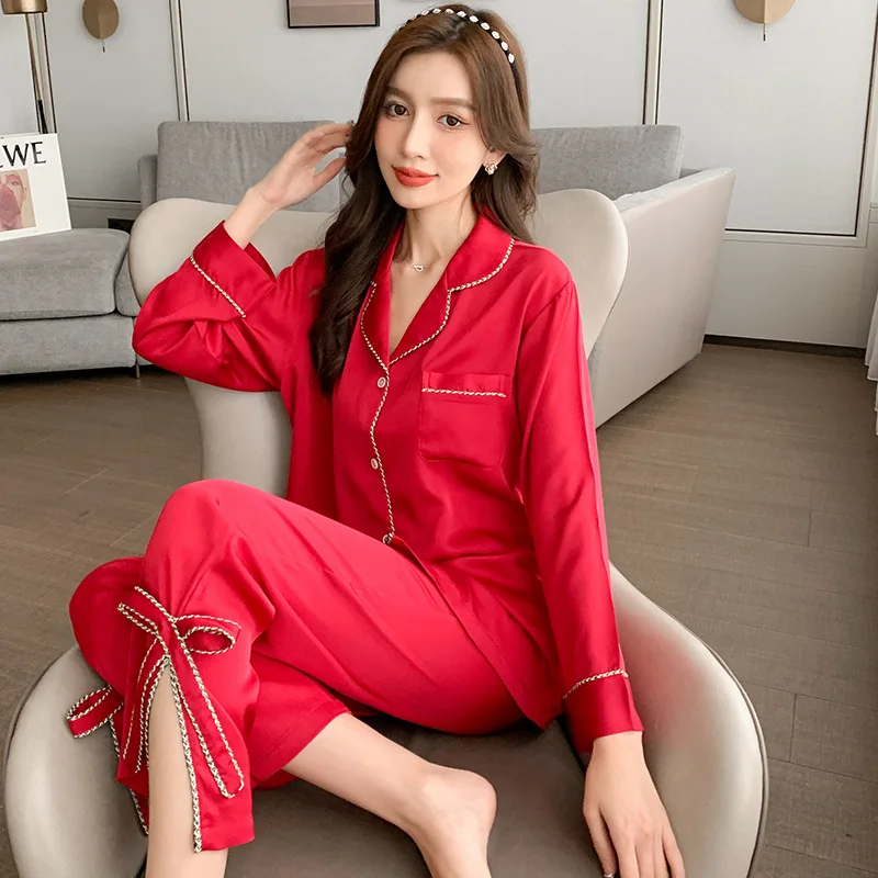 Bride Burgundy 2PCS Pajamas Sexy Lapel Bow Sleepwear Female Lingerie Home Clothes Silk Satin Loose Casual Nightwear Loungewear