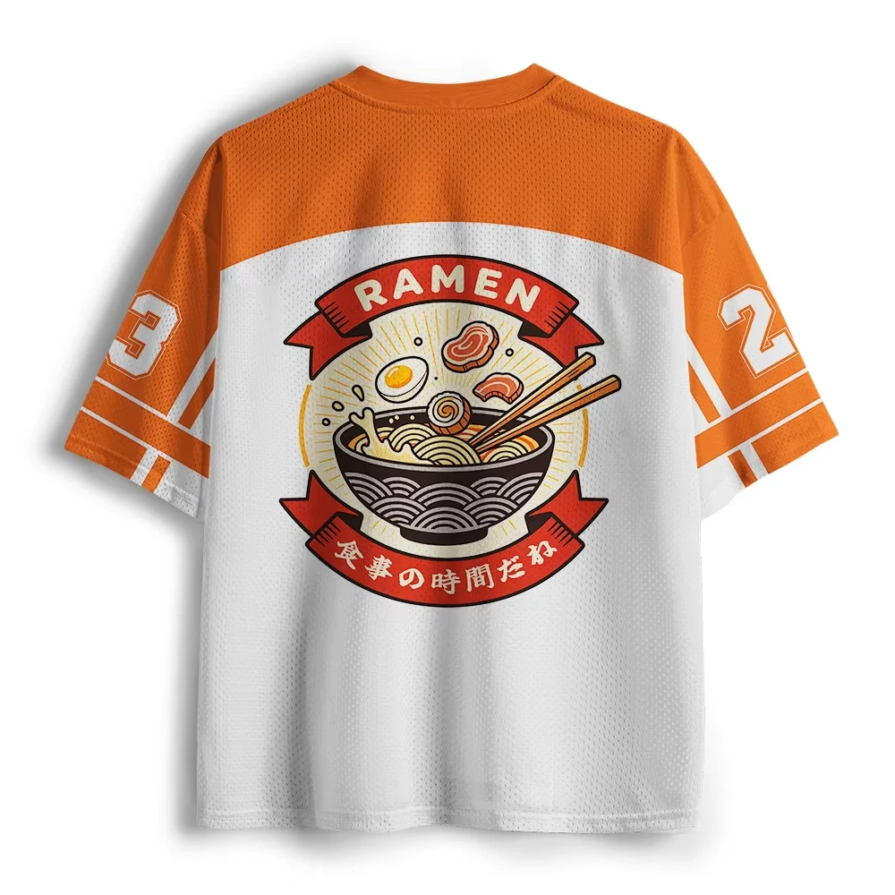 2026 Japanese Ramen Wave Art Fan Jersey Short Sleeve Orange White Color Block Noodle Bowl Print Sports Tee for Adults Kids