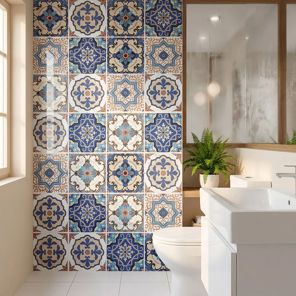 Blue Brown Spanish Talavera Tile Peel & Stick Wallpaper, PVC Self-Adhesive Contact Paper for Kitchen Backsplash & Bathroom Decor view 6