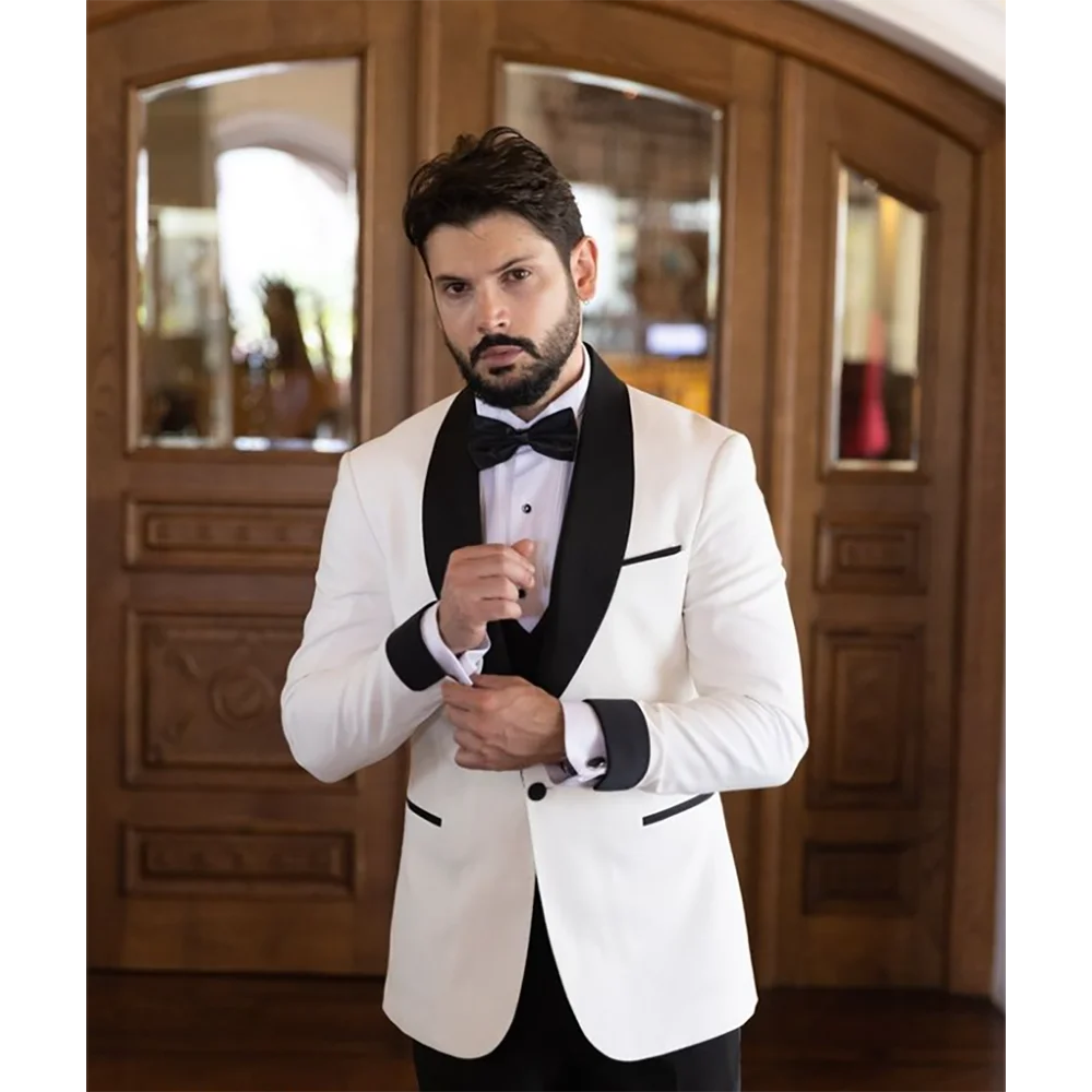 Gentlemen Handsome White Blazer Single Breasted Slim Men Suit 3 Pieces Peak Lapel Set Daily Fashion Jacket Black Pants and Vest）