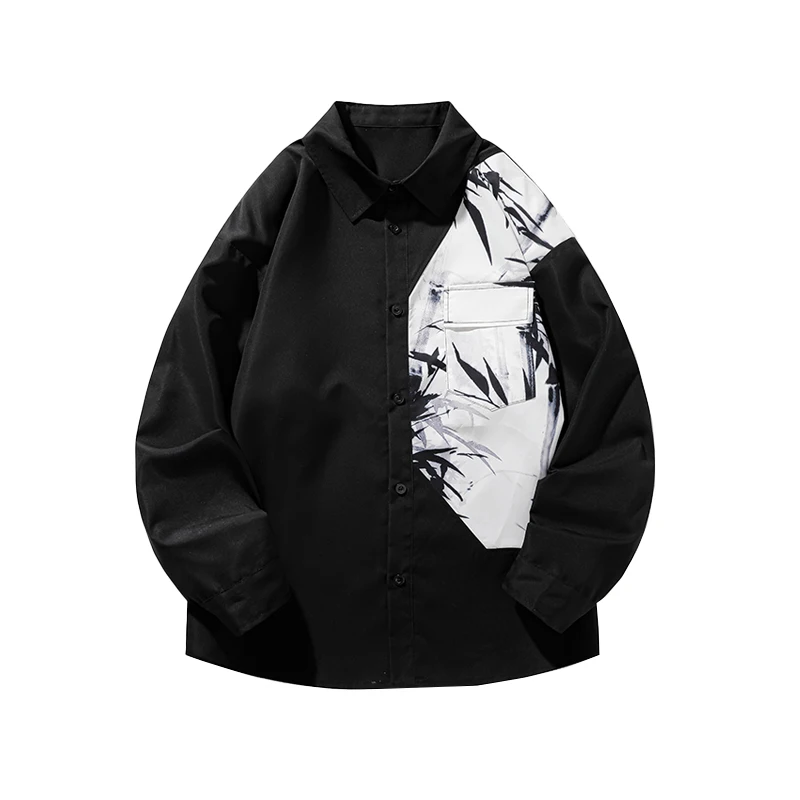 Men's Printed Shirt Asian Casual Ink Painting New Fall Long Sleeved Lapel Shirt Black And White Color Clash Shirt Jacket