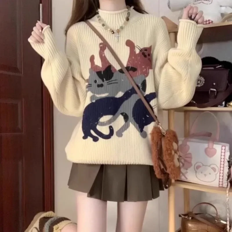 

Pullovers Women O-neck Knitted Vintage Ins Lazy Style Autumn Winter Sweaters All-match Korean Fashion Chic Cute Harajuku Cozy