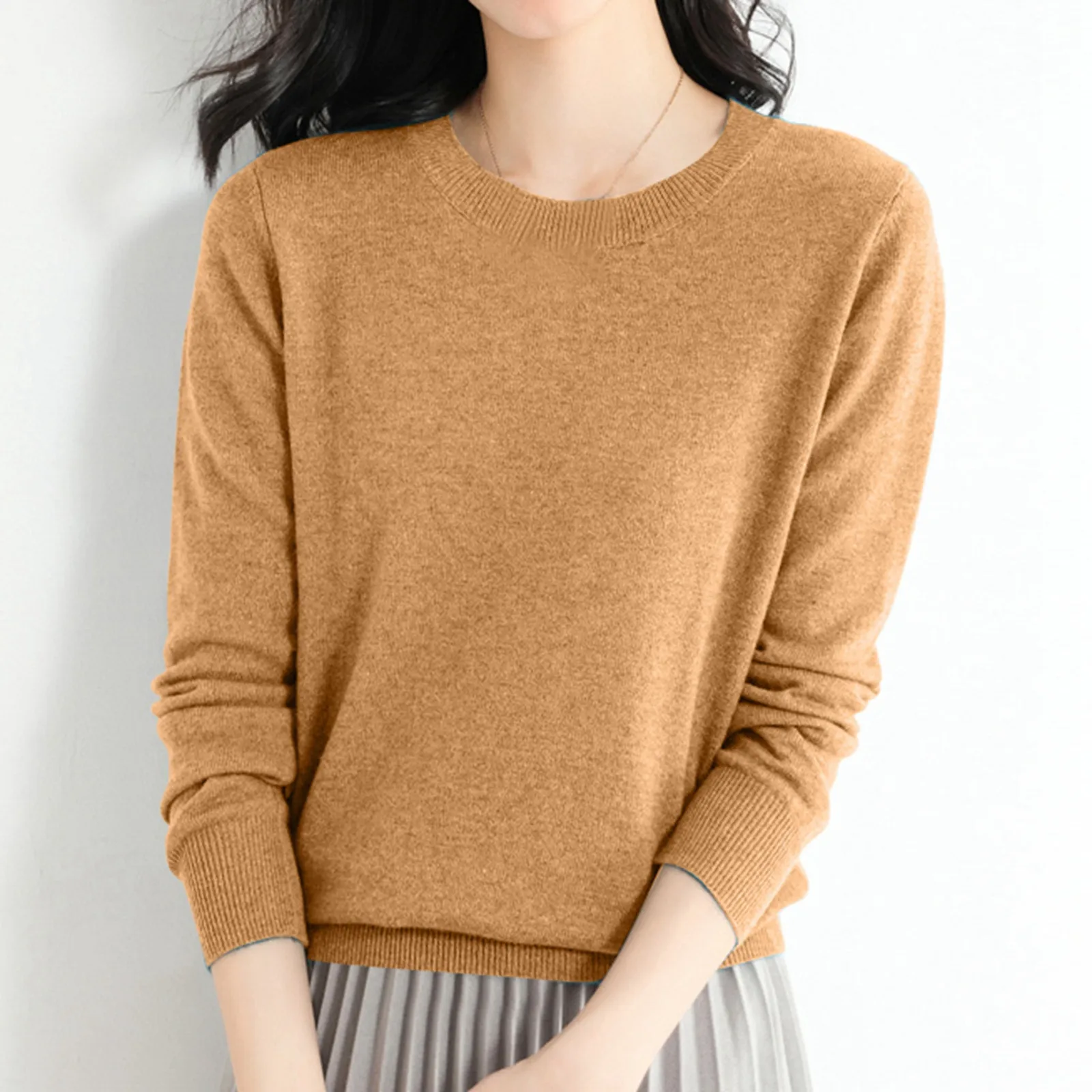 Sweater wol wanita lengan panjang, Sweater Wool rajut longgar leher bulat, Sweater lengan panjang wanita, Pullover warna Solid nyaman, Sweater Wool wanita