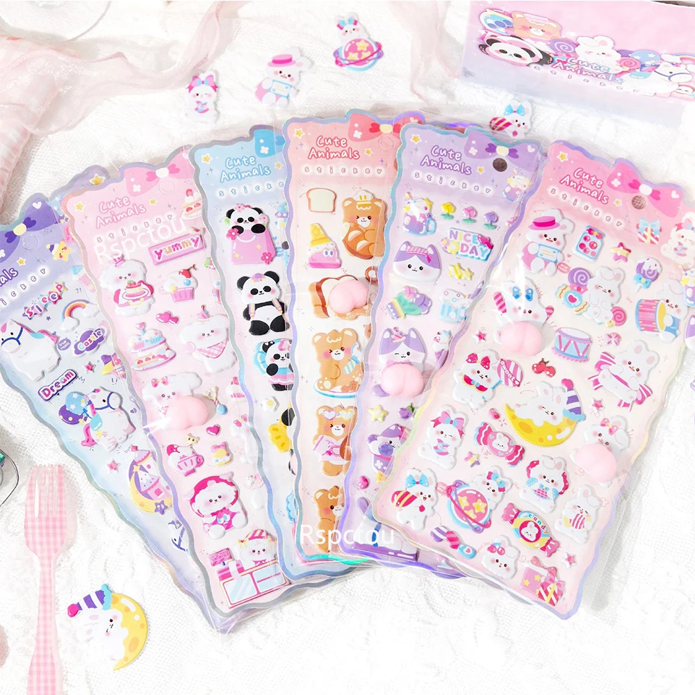 

6pcs Kawaii Cartoon Animals Happy Buttocks Stickers Cute Panda Cat Bear Puffy Sticker Scrapbook Phone Laptop Decals Decoration