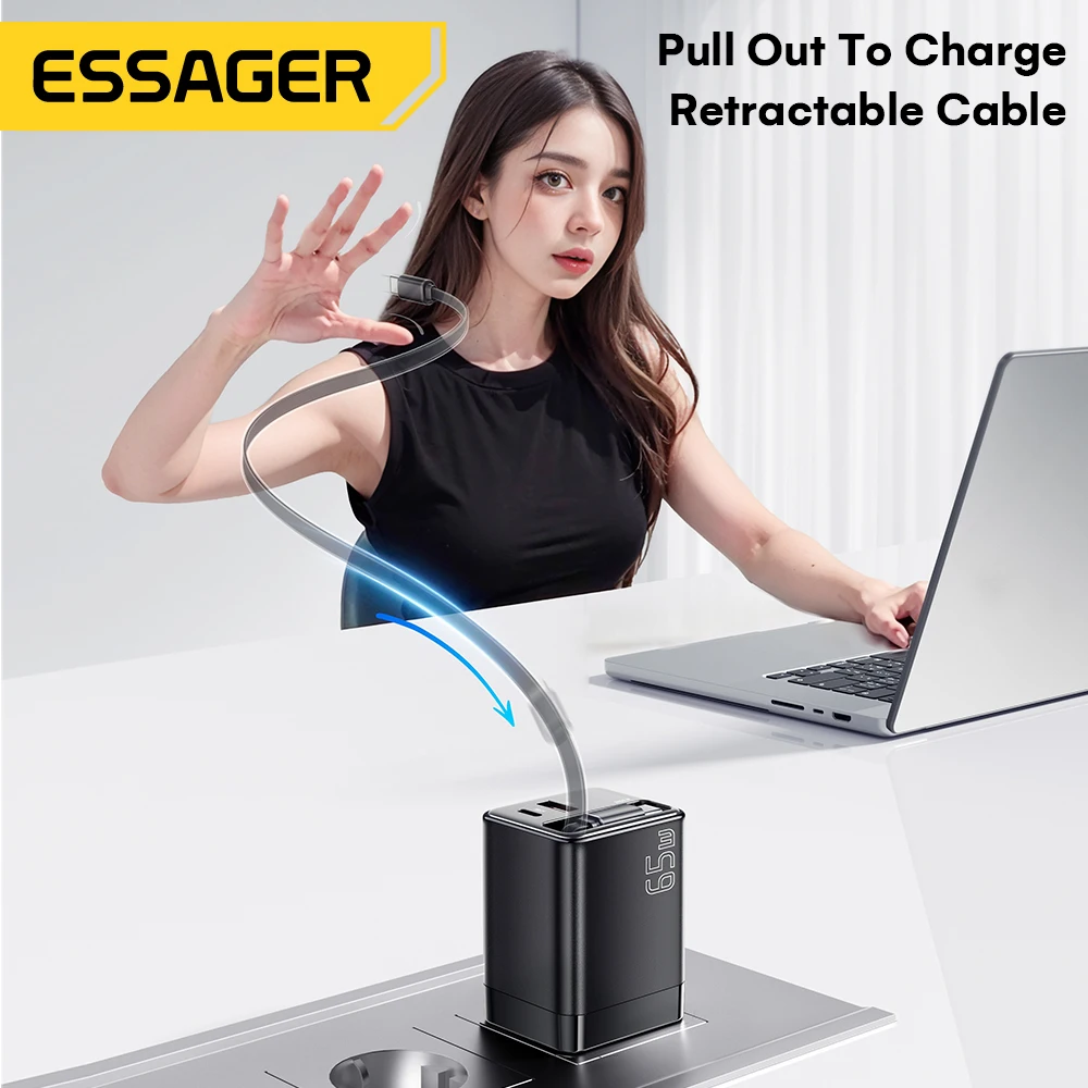 

Зарядное устройство Essager 65W USB с быстрой зарядкой и встроенным выдвижным кабелем Type-C для ноутбуков, iPhone 16, 15, 14, дорожное зарядное устройство Type-C