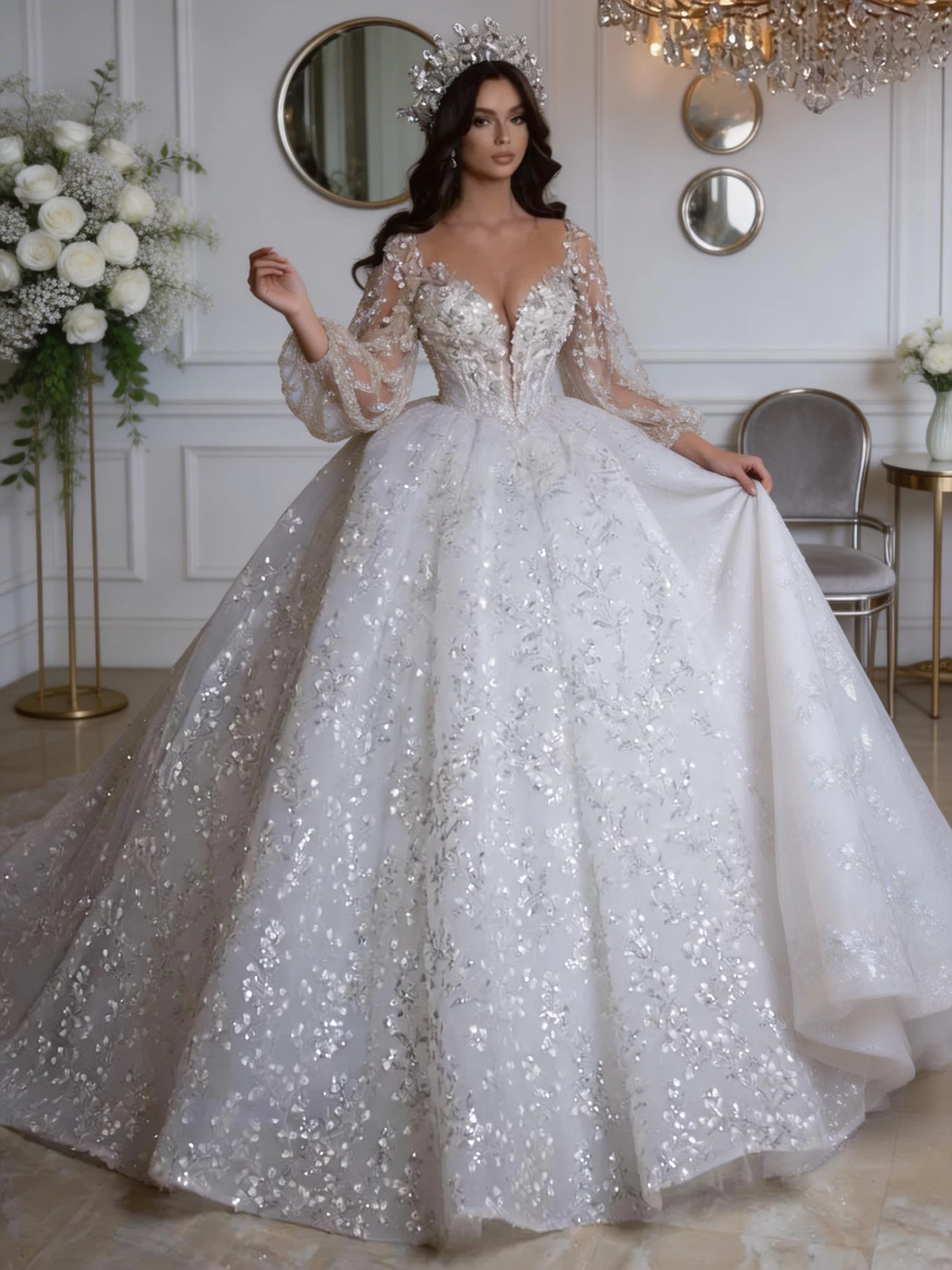 

Luxurious Ball Gown Wedding Dress Puffy Long Sleeve Sparkling Stickers Bridal Dress Shining Women's Vestidos De Novia Customized