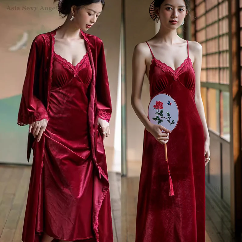 

Plus Size 5XL Women Twinset Robe Set Nightgown Long Velvet Kimono Bathrobe Gown New Velour Sleepwear Nightdress Loose Homewear