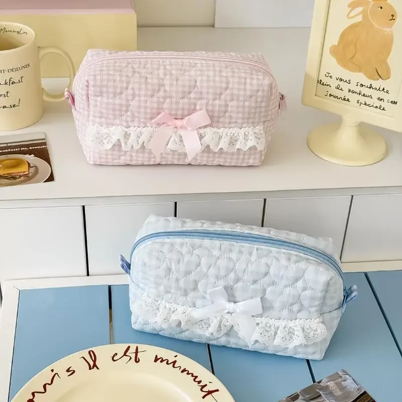 Pink And Blue Checkered Lace Pencil Case Cute Quilted Design Large Capacity Stationery Organizer For School Office Supplies Stor