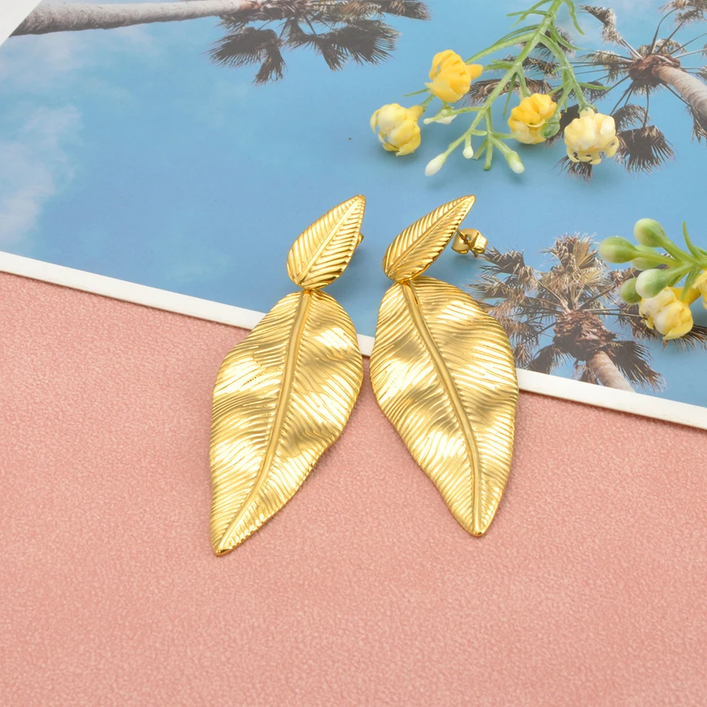 JeeMango Trendy Blätter Tropfen Ohrringe Edelstahl Gold/Silber Farbe Lange Baumeln Ohrring für Frauen Hohe Qualität Schmuck E25114