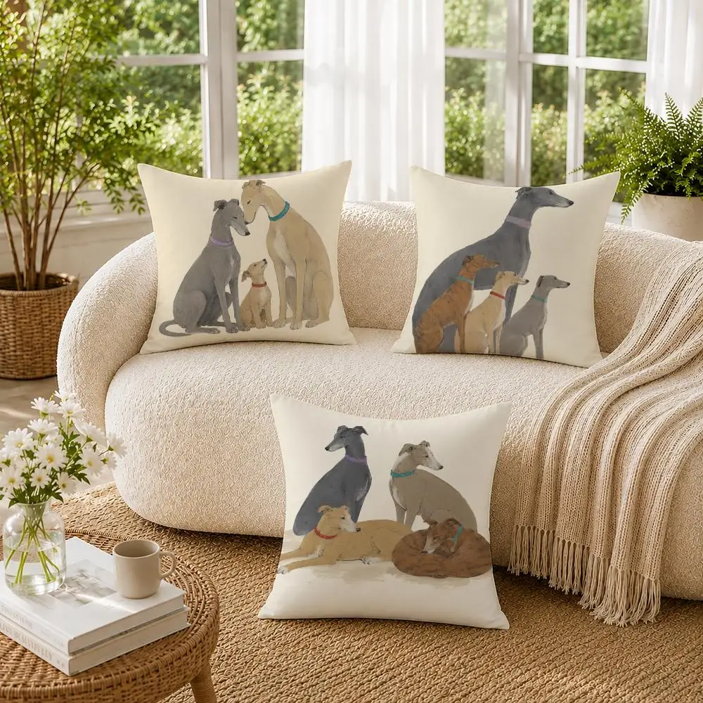 Simple Cute Cartoon Greyhound Cushion Cover Double-Sided Plush Sofa Cushion Covers Organic Breathable Invisible Zipper