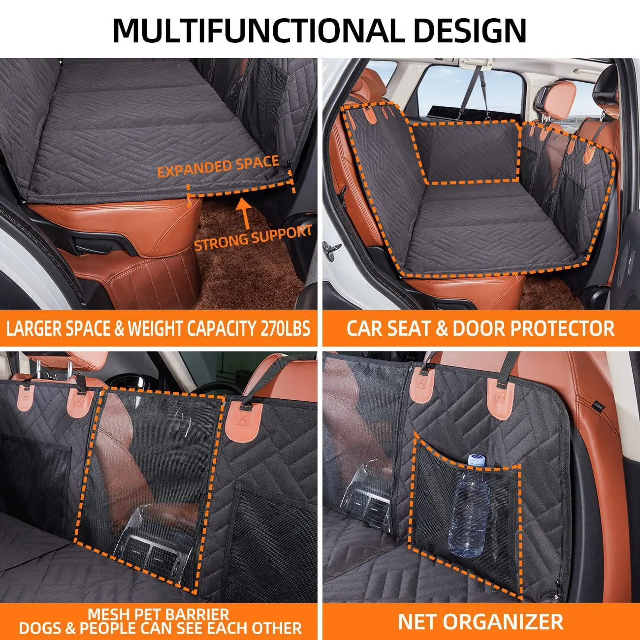 Hard Bottom Pet Car Cushion, Backseat Cover Extender, Waterproof Seat Bed, Cat, Large Dog, Car, SUV, Truck, Black, Grey