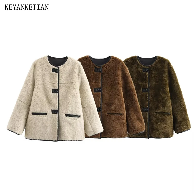 

KEYANKETIAN 2025 Winter New Women's Double Faced Fur Jacket Greatcoat Retro style O-Neck Single Breasted Loose Thick Warm Coat