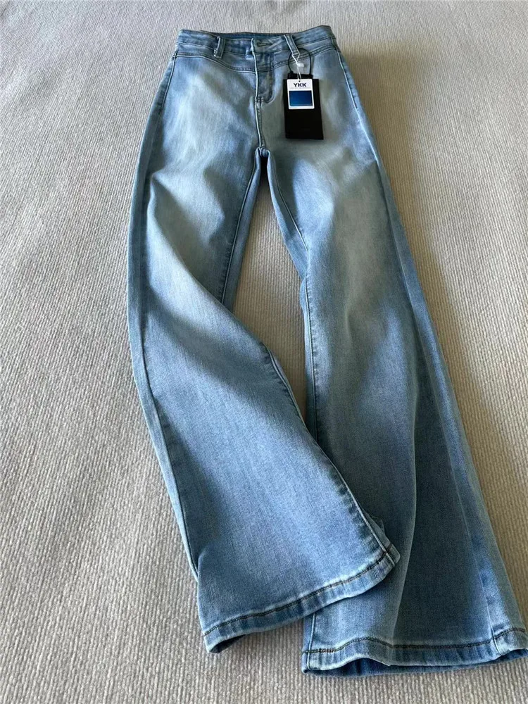 

Retro American Light Wash Bell Bottom Jeans Women's Slim Fit Stretchy High Waist Extended Length Floor Sweeping Pants