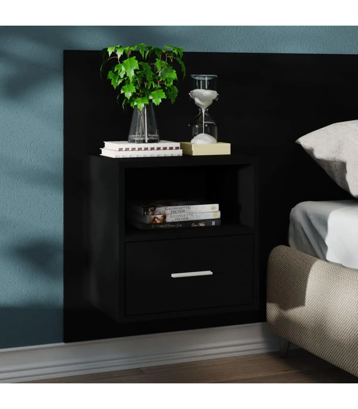 Black wall bedside tables