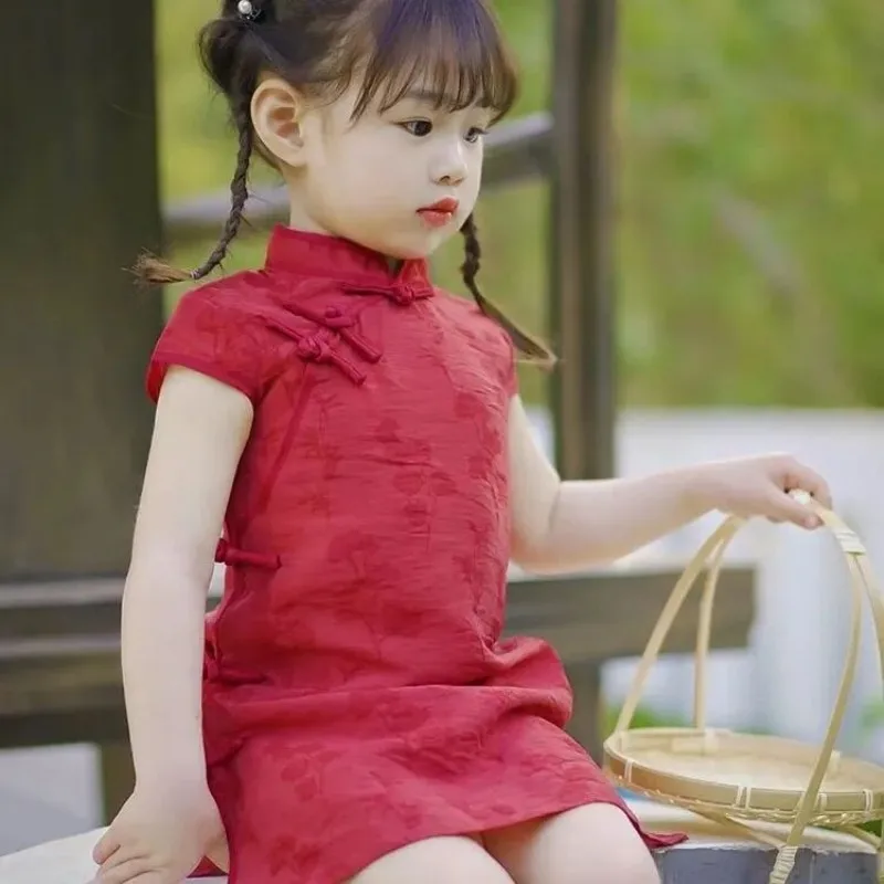 Girls' Cheongsam Summer Little Girls' Baby Dress Children's Chinese Style Improved Red Banquet Dress