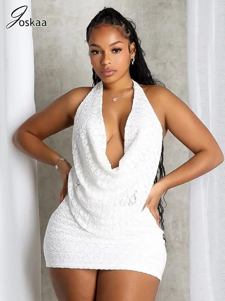 

Joskaa 2025 Summer Women's Lace 2 Piece Set Sexy Backless Halter Swing Collar Top+Mini Hip Skirt Matching Holiday Beach Outfits