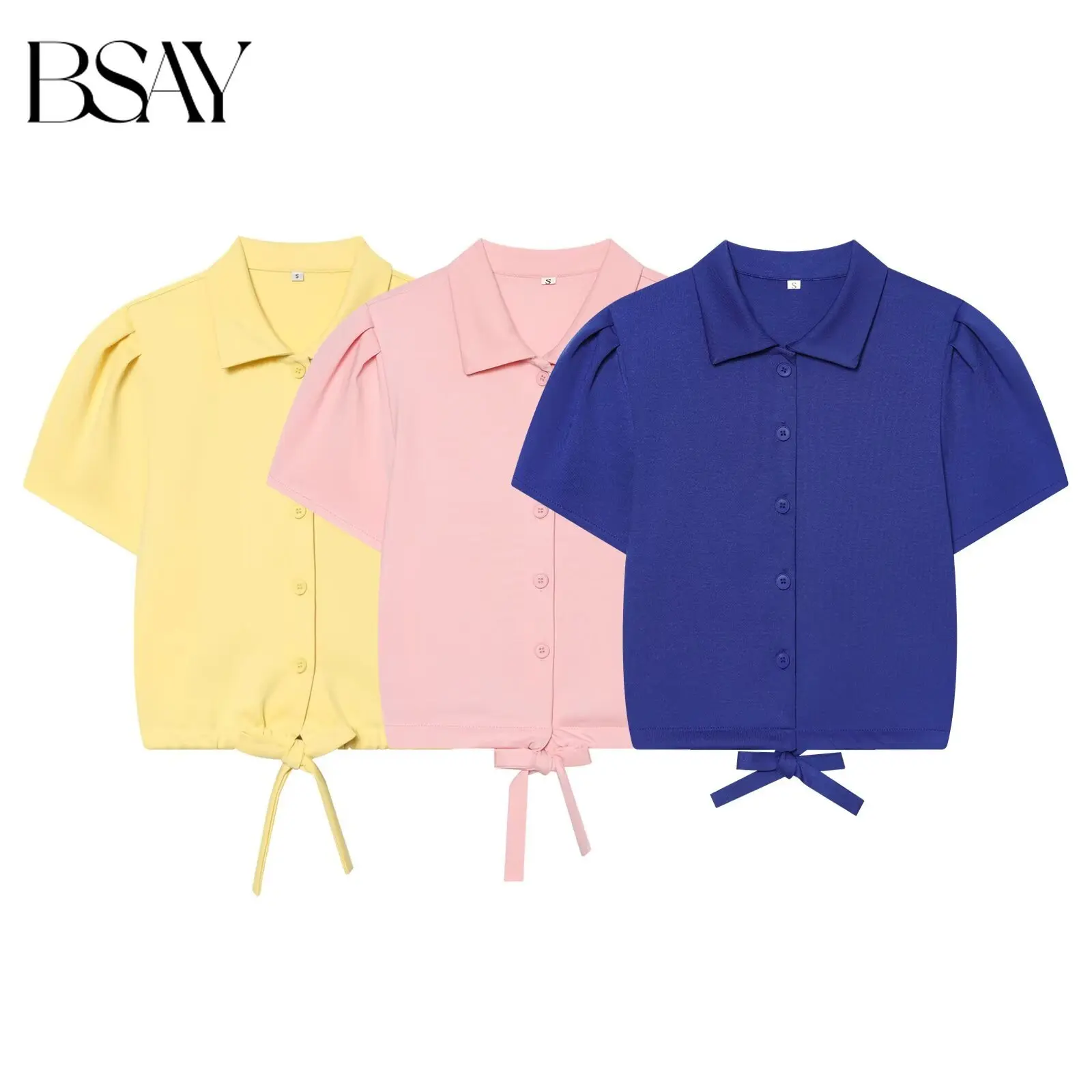 BSAY Minimal Office Women Short Sleeve Knit Cardigan Polo Collar Puff Sleeve Bow Tie Hem Button Closure Cropped Knit Outerwear