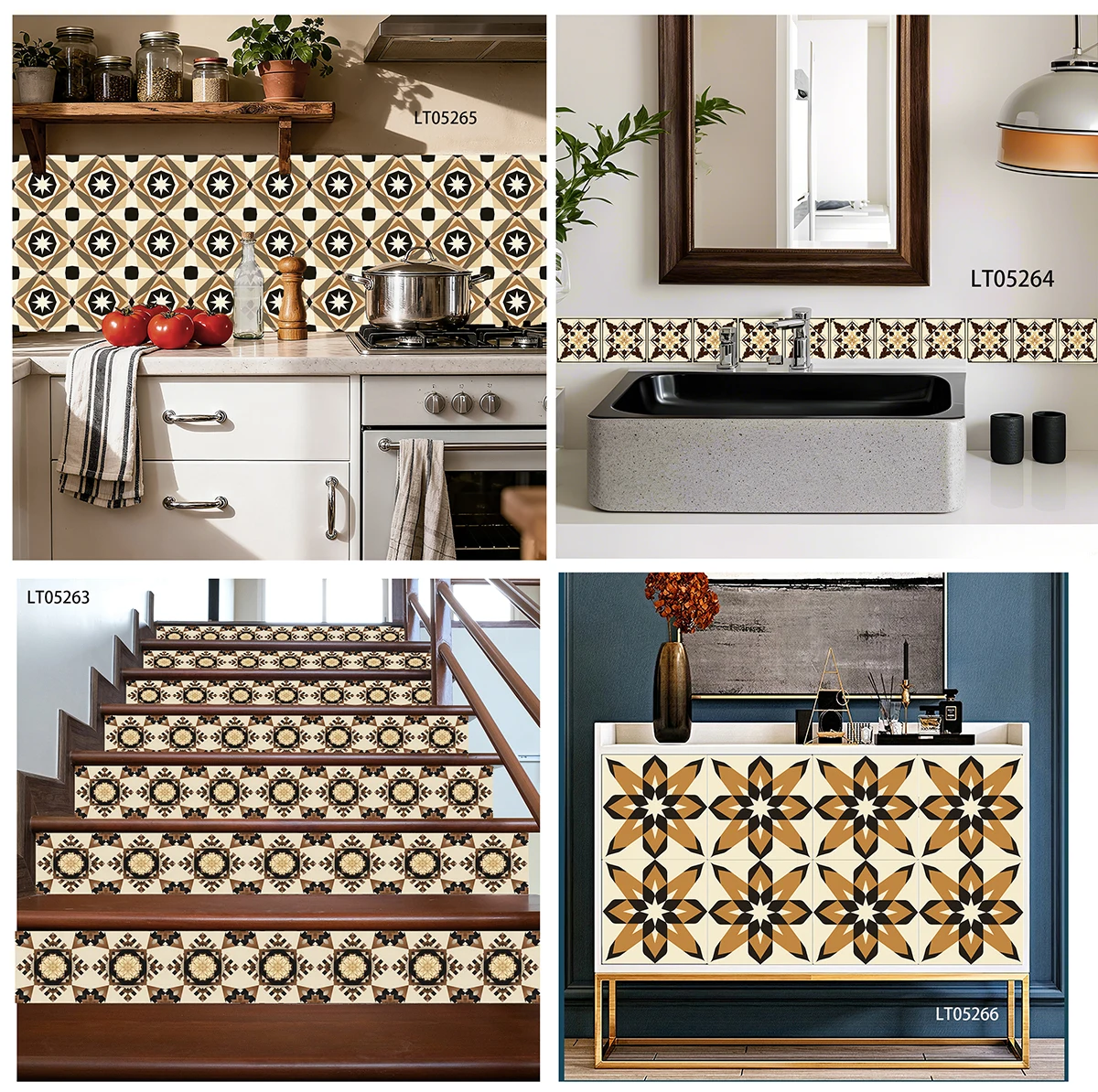 Orange Vintage Floral Tile Stickers Waterproof Removable Wall Decals for Kitchen Cabinet Stair Riser Skirting Home Decor