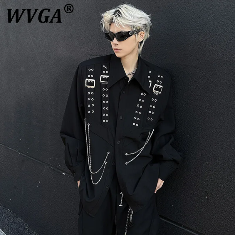 

WVGA Spring Autumn New Man Tide High Street Punk Heavy Buckle Chain Shoulder Padder Long Sleeve Shirts Niche Tops Ins Y2K W10077