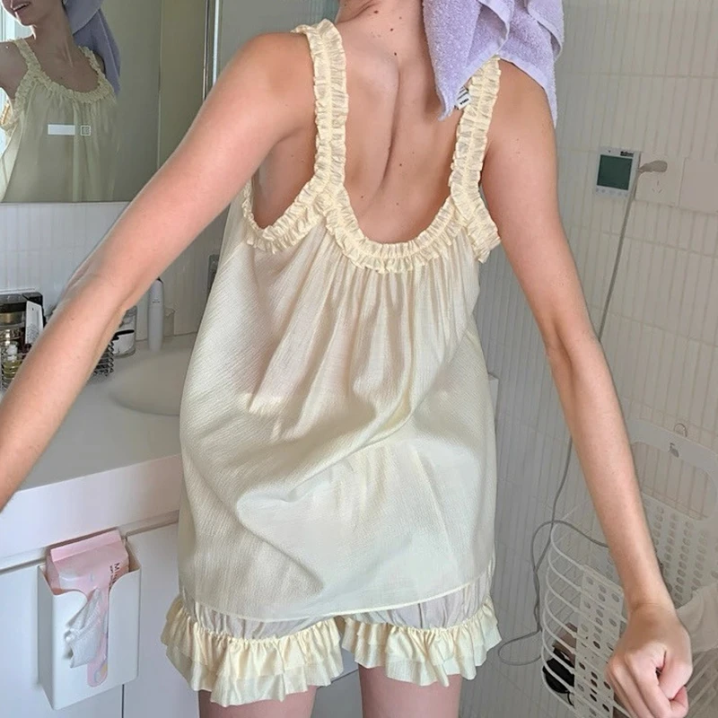 Womens 2Pieces Summer Pajamas Set Y2k Frill Trim Loose Sleeveless Sheer Tops with Ruffle Layered Blommer Shorts Sleep Loungewear