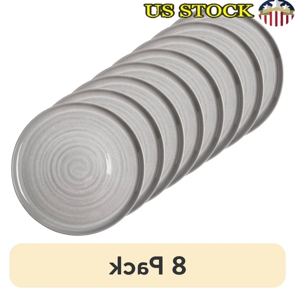 

8 Pack Grey Stoneware Round Dinner Plates 10.4 Inch Dishwasher Microwave Safe Rustic Elegant Dining Tableware Set
